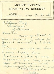 Letter, Mt Evelyn Reserve - picnic booking