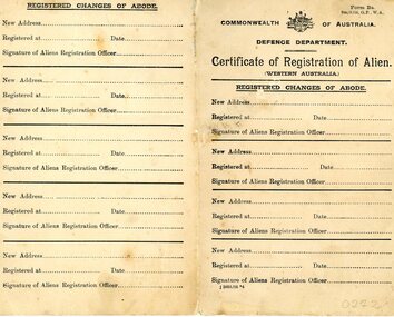 Document, Certificate of Registration of Alien, 10 October 1916