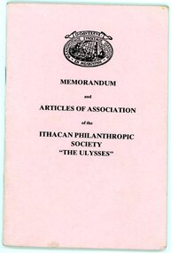 Booklet, Memorandum and Articles of Association of the Ithacan Philanthropic Society "The Ulysses", 1986