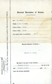 Document - Personal Description of Grantee, Naturalisation