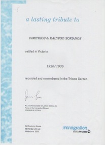 Certificate - Immigration Museum Tribute, Dimitrios and Kalypso Sofianos, C 2000s