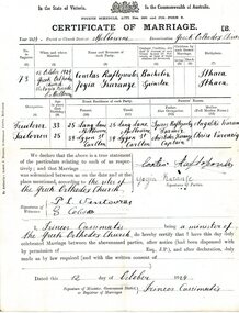 Document, Certificate of Marriage, Constas & Joyia Raftopoulos, 12 October 1924