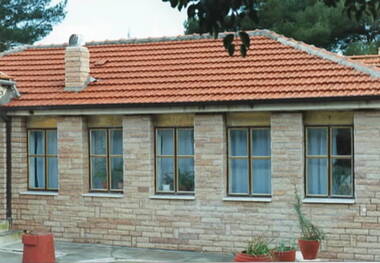 A view of the modern brick addition.