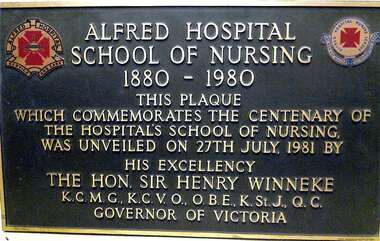 Plaque, Arrow engraving and foundry Co. Melbourne, Alfred Hospital School of Nursing Centenary 1880-1980, c 1981