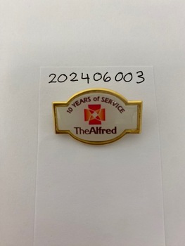 A badge with pin on the back. Coloured enamel with written text.