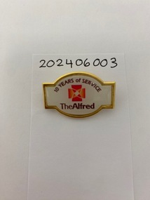 A badge with pin on the back. Coloured enamel with written text.