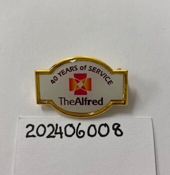 A badge with pin on the back. Coloured enamel with written text.