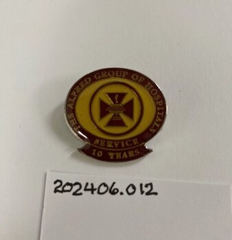 A badge with pin on the back. Coloured enamel with written text.