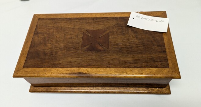 Handcrafted wooden box with parquetry Maltase cross in centre