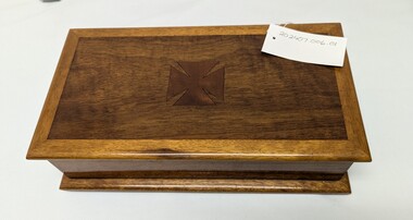 Handcrafted wooden box with parquetry Maltese cross in centre