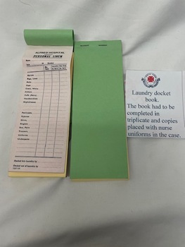 Photograph of laundry docket book, used by nurses when sending items to the laundry.
