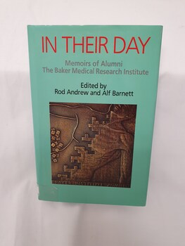 Blue green hard cover book, with title and authors names in gold lettering embossed on spine. Dust jacket also blue green, title in red print, authors in black print on both front and spine. Photo of Baker Institute Award (sculpture by Michael Meszaros) on front.  Contains stories and memoirs of staff of the Baker Medical Research Institute.