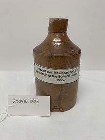 Ceramic - Stoneware bottle, Doulton Lambeth, Baked clay jar unearthed during demolition of the Edward Wilson Wing 1999, ca.1870 - 1890