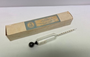 Manufacturers box labelled with a pale blue and cream label: "Diabetes Urinometer and Specimen Tube.
