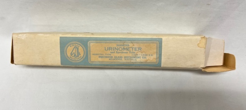 Cardboard box used to store glass urinometer.