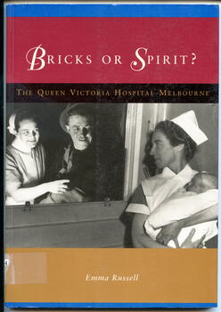 Illustrated paperback book with photo pf Nurse and man standing on one side and nurse holding a baby on the other viewing new baby. Contains a history of the Queen Victoria hospital. In 1896 eleven female doctors led by Constance Stone opened the Victoria hospital for women and children. After three different city locations, it ceased to exist as a separate entity in 1987, when amalgamation saw it form part of the Monash Medical Centre in Clayton.