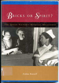 Illustrated paperback book with photo pf Nurse and man standing on one side and nurse holding a baby on the other viewing new baby. Contains a history of the Queen Victoria hospital. In 1896 eleven female doctors led by Constance Stone opened the Victoria hospital for women and children. After three different city locations, it ceased to exist as a separate entity in 1987, when amalgamation saw it form part of the Monash Medical Centre in Clayton.