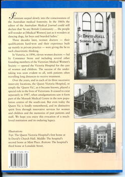 Back of book with text and 3 photos of the old Queen Victorian Hospital buildings.