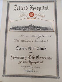 Certificate - Alfred Hospital Honorary Life Governor Certificate, Sands & McDougall, Certificate awarded to Sister N.V.Clinch, 28/07/1960