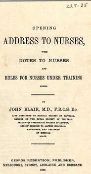 Paper booklet containing information for lectures. The first lecture at the Alfred Hospital training school for general nurses was on December 1, 1880 by Dr John Blair. He created this booklet for use with his lectures.