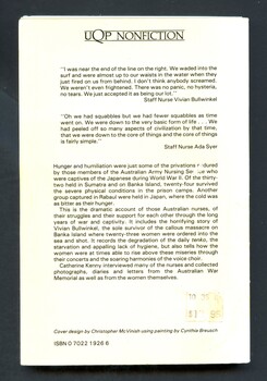 Paperback illustrated book titled- Captives: Australian army nurses in Japanese prison camps. The back cover has quotes from two nurses and a summary of the book 