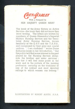 Back photo of illustrated hard copy book titled- Grey and scarlet: letters from war areas by army sisters on active service. Outlines information about the contents of the book.