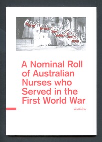 Paperback book, part of a boxed set. The front cover has a red, black and white photograph of a group of nurses: Nursing staff of the 2nd AGH, Ghizerah, Egypt.  Back cover has abbreviated title printed in red and a summary of the book printed in black.