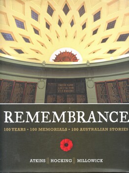 Hardcover Illustrated book with dustjacket. Book cover and dustjacket are identical in appearance. The front cover has a coloured photograph of the Honour Roll and domed ceiling in the Memorial Alcove adjacent to the Geelong Art Gallery. Under this is a black background, with the title printed in white and yellow, a red poppy, and the authors surnames printed in white. The back cover has a black background with four small coloured photographs: the Cenotaph, St Martin's Place Sydney; Australian War Memorial, Canberra; interior the Brisbane shrine of Remembrance; the War Memorial Adelaide. under this a summary of the book is printed in white