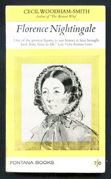 Book has a yellow white and purple cover with black print. A black and white illustration of a woman wearing a bonnet with a bow (from a watercolour of Florence Nightingale painted by J. Barrett in 1956) on the front cover, this is surrounded by a yellow frame. Book contains a Biography of Florence Nightingale, from her early life and training to her ground breaking work during the Crimean War and her lifelong advocacy for healthcare reform.