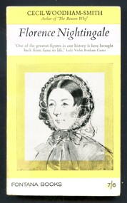 Book has a yellow white and purple cover with black print. A black and white illustration of a woman wearing a bonnet with a bow (from a watercolour of Florence Nightingale painted by J. Barrett in 1956) on the front cover, this is surrounded by a yellow frame. Book contains a Biography of Florence Nightingale, from her early life and training to her ground breaking work during the Crimean War and her lifelong advocacy for healthcare reform.