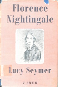 Illustrated book with dustjacket. Book has a cerulean blue cover with title, author's and publisher's names embossed in silver on the spine. Dust jacket has a pink background with title, author's and publisher's names printed in black ink on front and spine. Contains a biography of Florence Nightingale, focusing on her life before and during the Crimean War, including her struggle with a "divine call to service" and the lessons she learned while tending to wounded soldiers. T