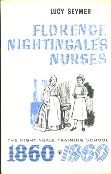 Illustrated hard cover book with white cover with blue and white print featuring on the front a drawing of two nurses. The nurse on the left is depicted in a long 19th century style dress, while the nurse on the right is in a 20th century style uniform. This book details the history and impact of the Nightingale Training School, established by Florence Nightingale at St Thoms' Hospital, London in 1860. The book covers the school's development from its founding to its centenary in 1960.