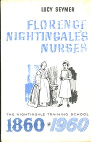 Illustrated hard cover book with white cover with blue and white print featuring on the front a drawing of two nurses. The nurse on the left is depicted in a long 19th century style dress, while the nurse on the right is in a 20th century style uniform. This book details the history and impact of the Nightingale Training School, established by Florence Nightingale at St Thoms' Hospital, London in 1860. The book covers the school's development from its founding to its centenary in 1960.