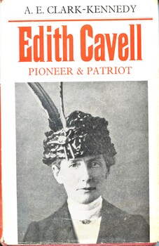 Illustrated book with dust jacket. Book has a red cover, with abbreviated title, author's and publisher's names embossed in gilt on spine. The dust jacket has a white background, with a black and white photograph of a woman wearing a hat with feathers (Edith Cavell at her trial, October 1915). This book tells the story of the British nurse, Edith Cavell, who was executed by the Germans during World War I for aiding Allied soldiers escape from Belgium. The book explores her contributions to nursing, her work establishing the first nursing school in Brussels, and her involvement with the Belgian Resistance. It highlights her bravery and humanitarianism in the face of danger, ultimately leading to her tragic death.