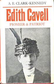 Illustrated book with dust jacket. Book has a red cover, with abbreviated title, author's and publisher's names embossed in gilt on spine. The dust jacket has a white background, with a black and white photograph of a woman wearing a hat with feathers (Edith Cavell at her trial, October 1915). This book tells the story of the British nurse, Edith Cavell, who was executed by the Germans during World War I for aiding Allied soldiers escape from Belgium. The book explores her contributions to nursing, her work establishing the first nursing school in Brussels, and her involvement with the Belgian Resistance. It highlights her bravery and humanitarianism in the face of danger, ultimately leading to her tragic death.