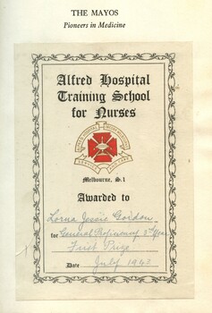 Alfred Hospital training school of nursing award plate.