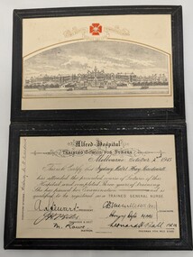 On one side is an illustration of the Alfred Hospital. On the other side the actual certificate, printed and handwritten