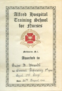 Photo of bookplate inside 'The valley of the flowers'. Book prize awarded to Audrey Krautil at the end of first year of training.