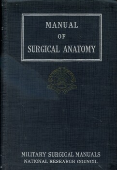 Front cover of book ' Manual of surgical anatomy' by Tom Jones and W. C. Shepard. Book containing anatomical drawings and an explanatory index.