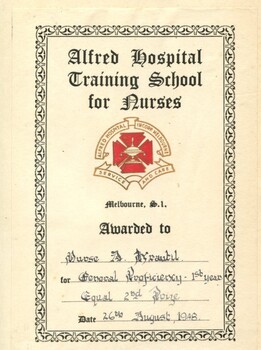Photo of bookplate inside 'Manual of surgical anatomy". Details that this was awarded to a nurse by the Alfred Hospital Training School for Nurses.