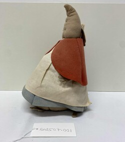 Handmade soft toy, in the shape of a mouse in nurses uniform. Includes pale blue dress, off white apron, red cape and white cap.