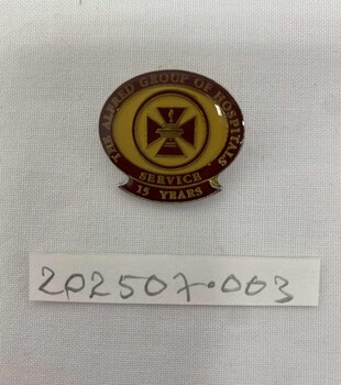 The Alfred Group of Hospitals 10 years of Service Badge. Yellow metal badge with yellow text enamel front. Incudes hospital logo.
