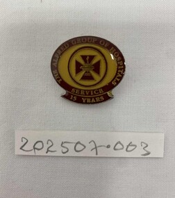 The Alfred Group of Hospitals 10 years of Service Badge. Yellow metal badge with yellow text enamel front. Incudes hospital logo.