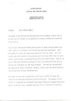 First page of valedictory speech, Samantha Hanley,1993