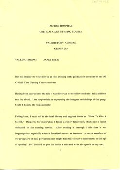 First page of Valedictory Speech, Janet Beer, 1994