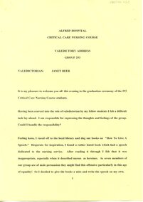 First page of Valedictory Speech, Janet Beer, 1994
