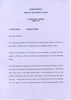 First page of Valedictory Speech, Narelle Goldie, 1995