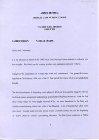 First page of Valedictory Speech, Narelle Goldie, 1995