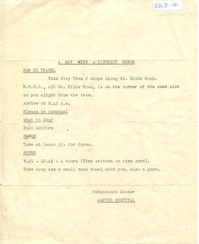 Letter of instruction: 'A day with a district nurse' Outpatient Sister Alfred Hospital [ca.1959]
