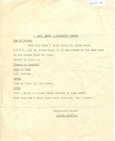 Letter of instruction: 'A day with a district nurse' Outpatient Sister Alfred Hospital [ca.1959]